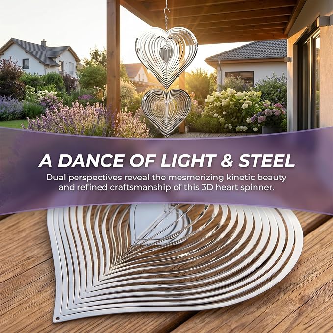 Heart-Shaped 3-Tier 3D Stainless Steel Reflective Hanging Wind Spinners | Outdoor garden yard patio decor, bird deterrent, romantic metal art gift for mom women