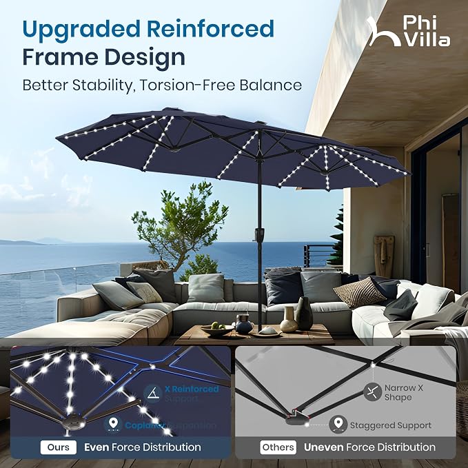PHI VILLA 13ft Patio Umbrella with Solar-Powered 120 PCS LED Color-Changing Lights, Triple-Head Large Rectangle Umbrella Outdoor Patio for Table with Crank Lift,Navy Blue(No Base)