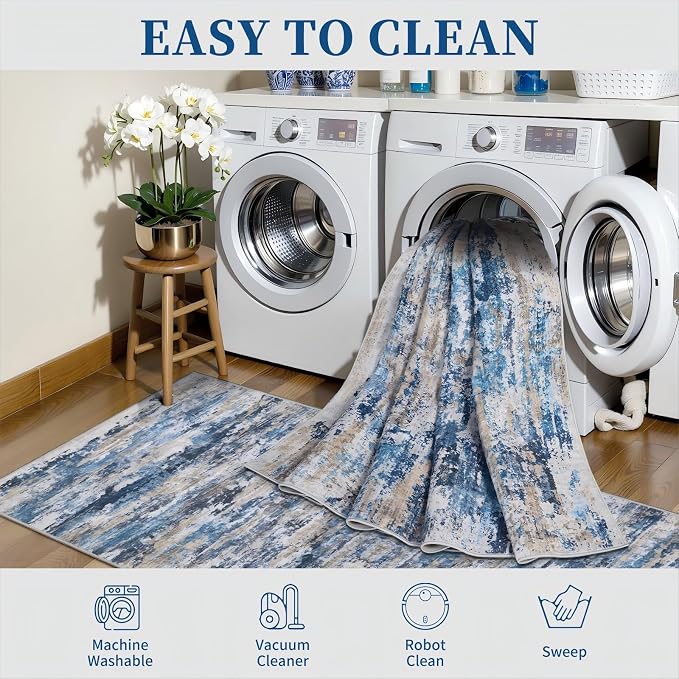 Tangsoo Abstract 4x6 Washable Rug, Modern Non Slip Rugs for Living Room | Contemporary Indoor Carpet, Soft Low Pile Floor 4X6 Area Rugs for Dining Room Bedroom Dorm Bedside Blue Grey Home Decor