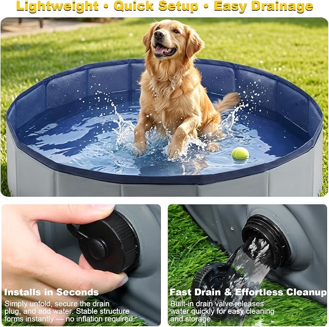Eooqi Foldable Dog Pool, Collapsible Pet Bath Tub & Kiddie Wading Pool | Portable Hard-Side Dog Swimming Pool for Puppies, Small & Medium Dogs, Cats and Kids (Gray, 32"-S)