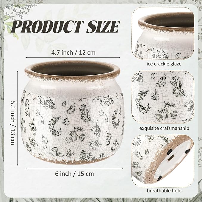 Vintage Planter Large Ceramic Plants Pot Green Leaves Crack Cottage Scroll Vase Flower Vase Pot Indoor Plants Home Kitchen Decor Farmhouse Antique Decorative Gift