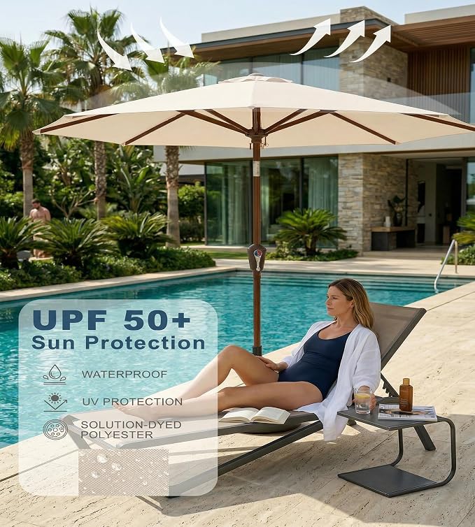 PatioKingdom 10FT Patio Umbrella with Push Button Tilt and Crank, Outdoor Market Umbrella with 8 Fiberglass Ribs, UV Protection Table Umbrella for Pool,Backyard,Garden,Deck