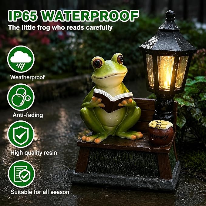 Frog Garden Statue Home Outdoor Decor - Solar Frogs Learning Sculptures Auto LED Waterproof Lights, Garden Outside Figurine Ornament, Women/Gardening/Housewarming Gift for Yard/Pond