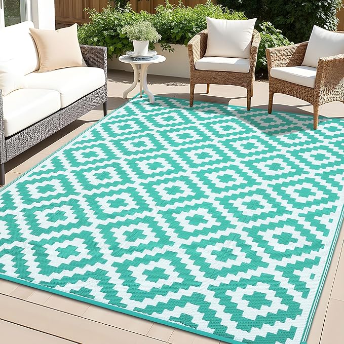 OLANLY Waterproof Outdoor Rug 6x9 ft, Outdoor Plastic Straw Rug for Camping, RV Mat Outside, Outdoor Carpet for Porch, Deck, Backyard, Balcony, Picnic, Turquoise & White