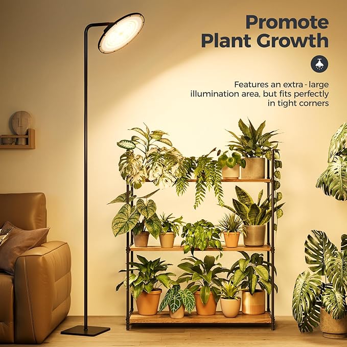 Bamworld Hanging Grow Light for Indoor Plants 12in Large Head Full Spectrum 10 Dimmable Levels LED Grow Light Long Cord Timer Garden Greenhouse Flowers Large Tall Plant Black with Upright Stand