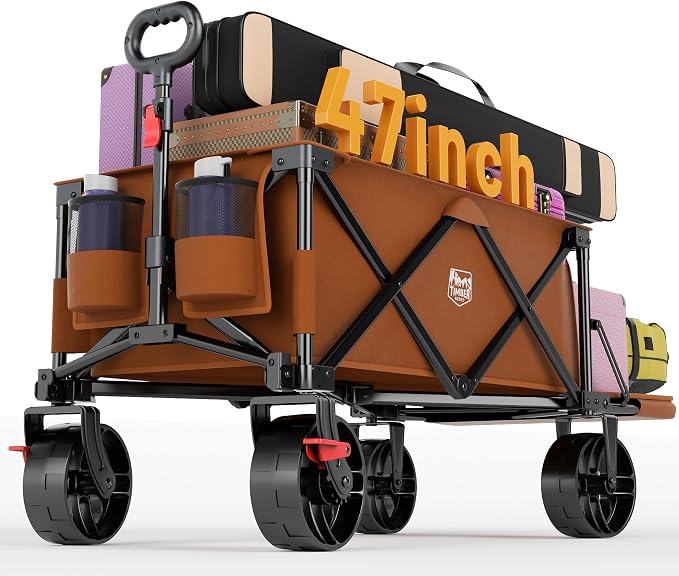 Timber Ridge 47" L Collapsible Wagon with Tailgate & Brake, 300 lbs Heavy Duty Beach Wagon with All-Terrain Big Wheels, 250L Foldable Utility Cart for Sand Camping Sports Shopping, Orange