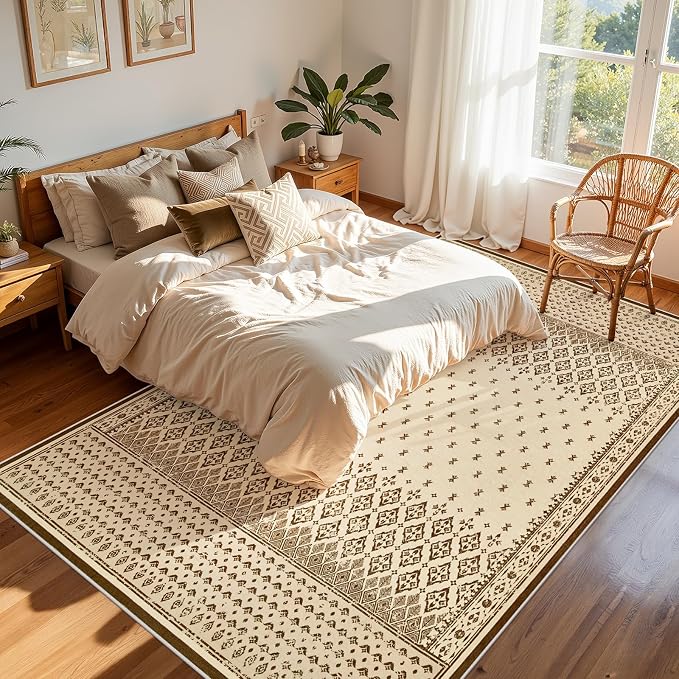 Joydeco Living Room Area Rug 6x9, Geometric Washable Rugs for Bedroom | Vintage Boho Non Slip Low Pile Soft Ultra Thin Distress Indoor Throw Floor Carpet for Dining Room Home Office Farmhouse Beige