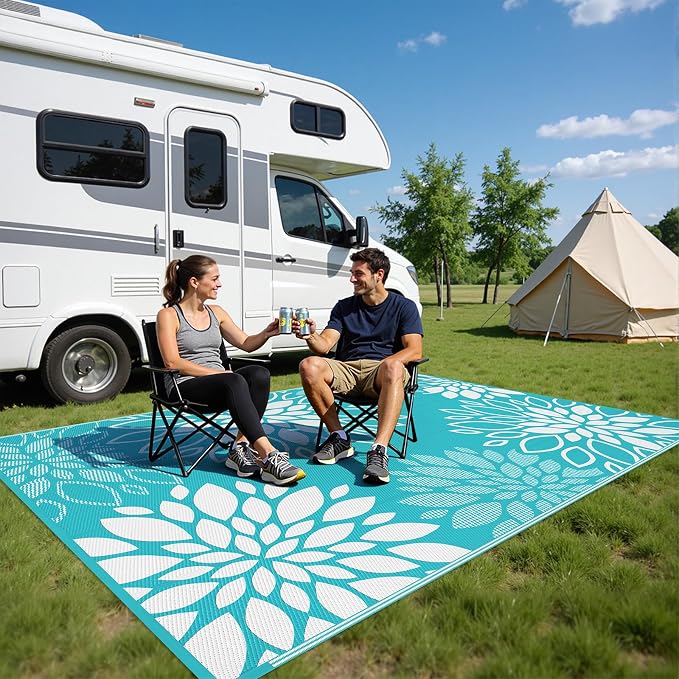 HEBE Waterproof Outdoor Rug 6x9 for Patios, Floral Reversible Plastic Straw Rug Patio Mat, Indoor Outdoor Carpet RV Mat Camping Rug for Deck, Camper, Porch, Balcony, Backyard, Picnic