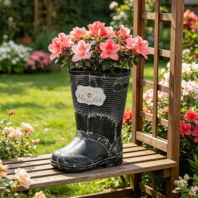 Vintage Metal Planters with Handle Distressed Decor Rustic Farmhouse Flower Pot with Sweet Bee Honey Emblem, Indoor/Outdoor Decorative Plants Buckets for Wedding Home Garden Patio Decor