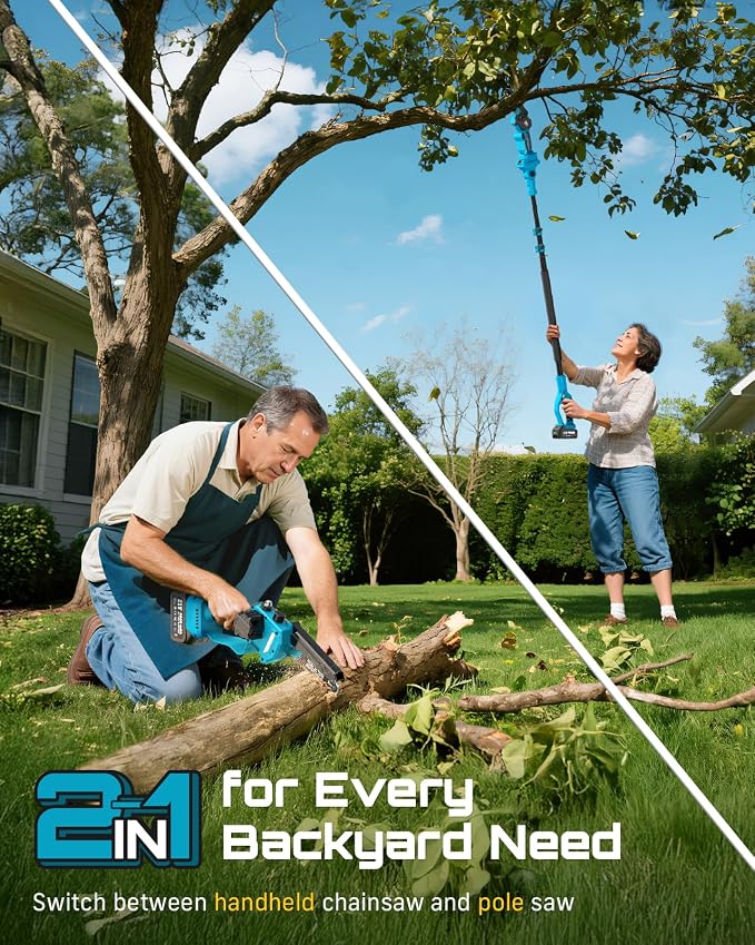 SEESII 2-in-1 Cordless Pole Saws for Tree Trimming, 6 Inch Mini Electric Chainsaw with 2 x 4000mAh Batteries, Battery Powered Chain Saw with Extension Pole, Tree Trimmer Limb Branch Cutter Pruner