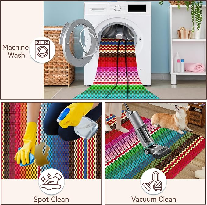Mexican Ethnic Rug for Living Room 5x7,Boho Rainbow Stripes Machine Washable Area Rug Soft Stain Resistant Floor Large Carpet for Bedroom,Farmhouse,Dining Room,Kids Playroom