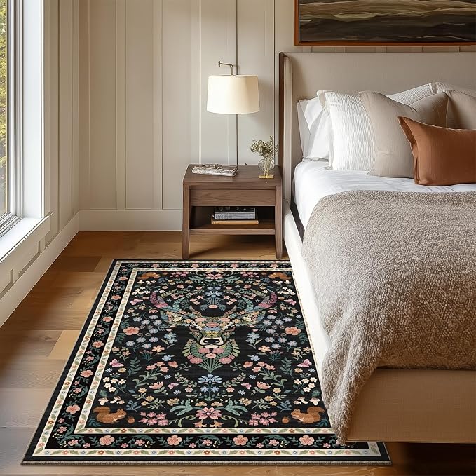 Area Rug Vintage Floral Deer Pattern 4x6 - Bohemian Forest Animal Carpet with Squirrel & Butterfly, Soft Decorative Area Rug for Living Room Bedroom Home Decor