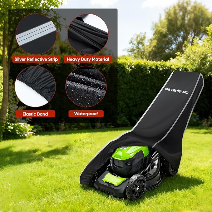 NEVERLAND Push Mower Cover - 800D Waterproof Heavy Duty for Outdoor Storage | Universal Fit Walk-behind Mowers up to 22", UV protection, windproof elastic hem, includes storage bag, protects electronics