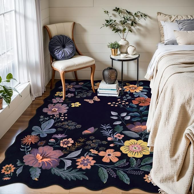 Lahome Floral Washable Rugs for Bedroom, 4X6 Area Rug Soft Living Room Rug | Ultra-Thin Non-Slip Classroom Rug Stain Resistant Boho Low-Pile Throw Carpet for Office Flore (4x6ft, Purple)