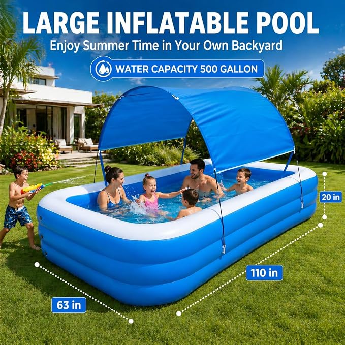 Inflatable Pool with Canopy,116" X 67" X 22" Large Inflatable Pool for Kids,Adults Thickened Family Swimming Pool for Toddlers, Outdoor, Garden, Backyard, Summer Water Party (XL)