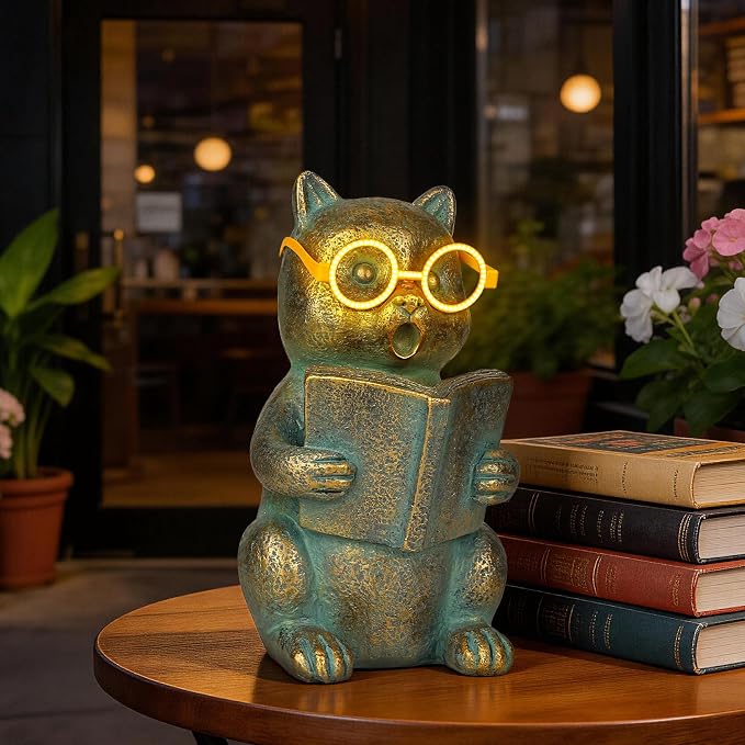 Bronze Resin Solar Reading Cat Decor with Light-Up Glasses, Outdoor Statue Garden Animal Ornament for Patio Yard Porch Home Gift for Women Cat Lovers