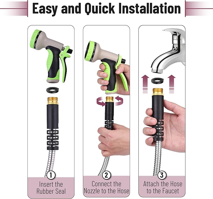 UNCO- Metal Garden Hose with 10 Functions Spray Nozzle, 100 Feet, No Kink | Stainless Steel, Durable Flexible Water Hose for Garden, Yard, Outdoor Watering and Cleaning, Metal Hose for Outdoor Use