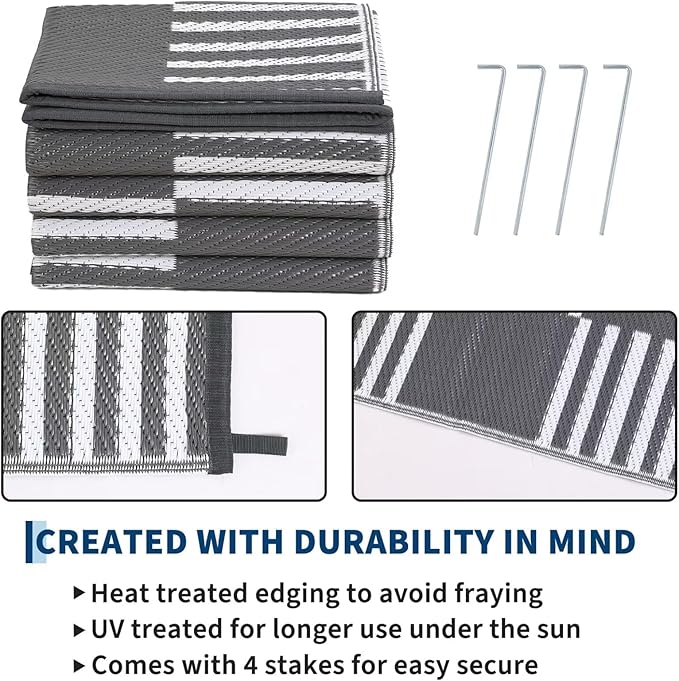 Garvee Waterproof Outdoor Rug 5x8, Checkered Foldable Plastic Straw Patio Camping Rug, Outdoor RV Carpet for Deck Camper Porch Balcony Backyard Picnic Beach Gray and White