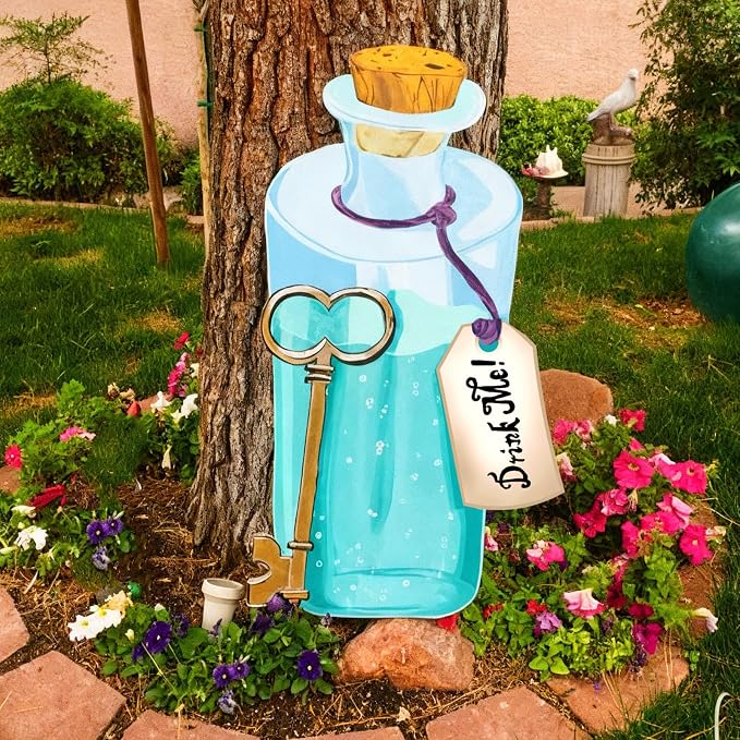 Preboun Wonderland Tea Party Decor Outdoor Down The Rabbit Hole Garden Decor Yard Sign Vintage Gold Oval Tea Party Decoration for Wonderland Birthday Baby Shower Lawn Garden(Blue Medicine Bottle)