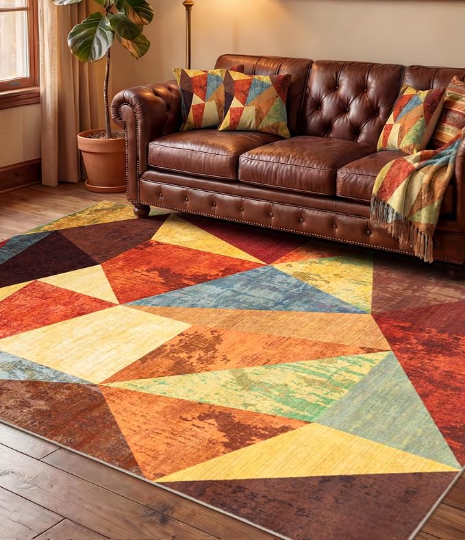 Brown Area Rug 4x6,Geometric Burnt Orange Area Rug Non Slip,Farmhouse Rugs Washable,Vintage Burgundy Carpets for Bedroom, Boho Rug for Kitchen,Dining Room