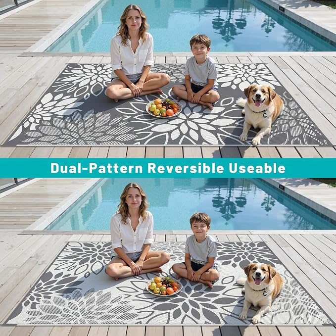 HEBE Waterproof Outdoor Rug 6x9 for Patios, Floral Reversible Plastic Straw Rug Patio Mat, Indoor Outdoor Carpet RV Mat Camping Rug for Deck, Camper, Porch, Balcony, Backyard, Picnic