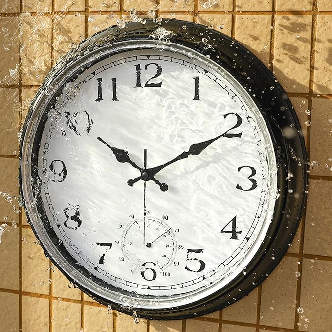 JoFomp Large Waterproof Outdoor Clock with Thermometer Combo - 16 inch Silent Non Ticking Quartz Battery Operated Wall Clock for Patio, Home, Pool, Garden, Porch, Deck (Silver, 16 Inch)