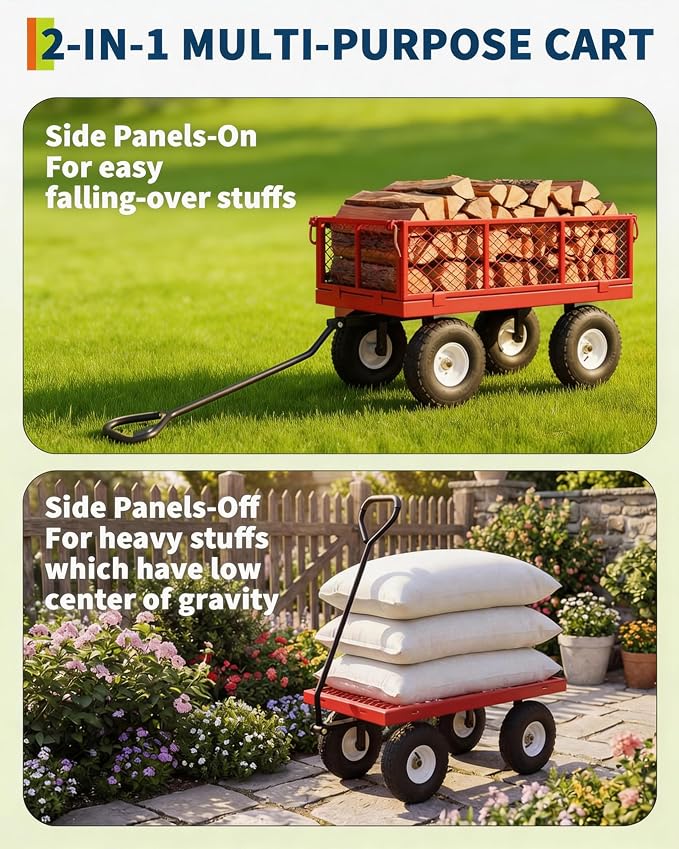 GarveeTech 400LBS Heavy Duty Steel Garden Cart, Garden Wagon Cart on Wheels, Metal Yard Utility Wagon with Removable Mesh Sides, 10" All Terrain Tires, 180° Rotating Handle for Lawn, Garden, Farm