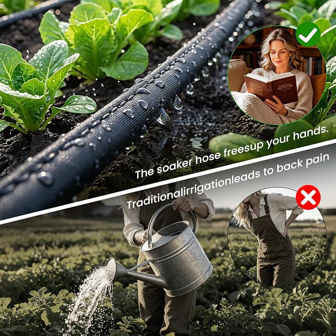 MIXC 2026 Thickened Flat Soaker Hose 100Ft with Copper Joint, Saving 80% Water, Aluminum Seal, 1mm Hose, 360°Swival Handle, Hole Pressure Relief Gasket, Drip Kit for Vegetable Garden, Lawn, Flower Bed