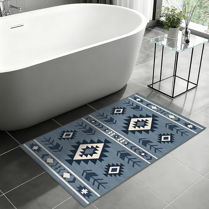 Western Area Rug 3x5 for Living Room Bedroom, Southwestern Aztec Tribal Area Rugs Southwest Navajo Machine Washable Rug Non-Slip Printed Low-Pile Floor Carpet for Kitchen Bathroom, Blue