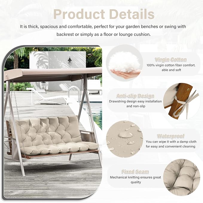 Porch Swing Cushion with Backrest,Waterproof Bench Cushion for Outdoor Furniture,2-3 Seater Replacement Thickened 5 in swing cushion,with Ties,Patio,Outdoor,Backyard and Cream (Cream,60x40 in)