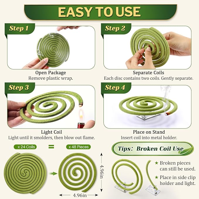 48 Pcs Mosquito Repellent Coils, Natural Citronella Mosquito Coils Indoor & Outdoor, Up to 6 Hours Protection, Safe for Kids & Pets, Repellent for Home, Patio, Camping, Backyard, Poolside