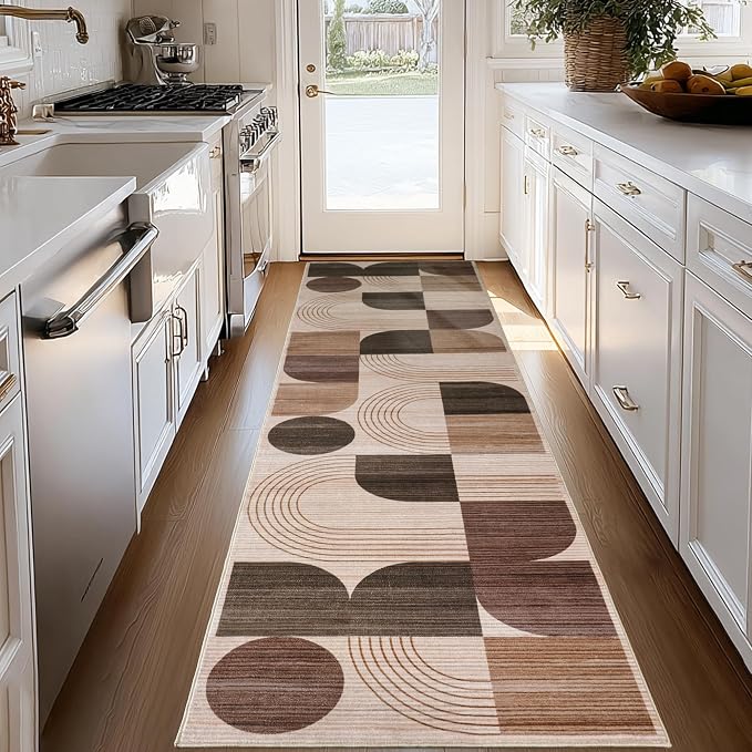 Soft Modern Geometric Abstract Machine Washable 2.7x8 Runner Rug | Brown Rugs for Bedroom Living Room, Non-Shedding Faux Wool Indoor Throw Floor Carpet for Office Entryway Dining Room Decor