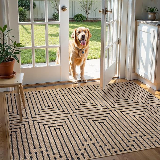 Lahome Boho 3x5 Outdoor Rugs for Entry, Washable Easy Jute Rug | Maze Lines Modern Throw Rug Non Slip Stain Resistant Door Mat for Front Porch Balcony