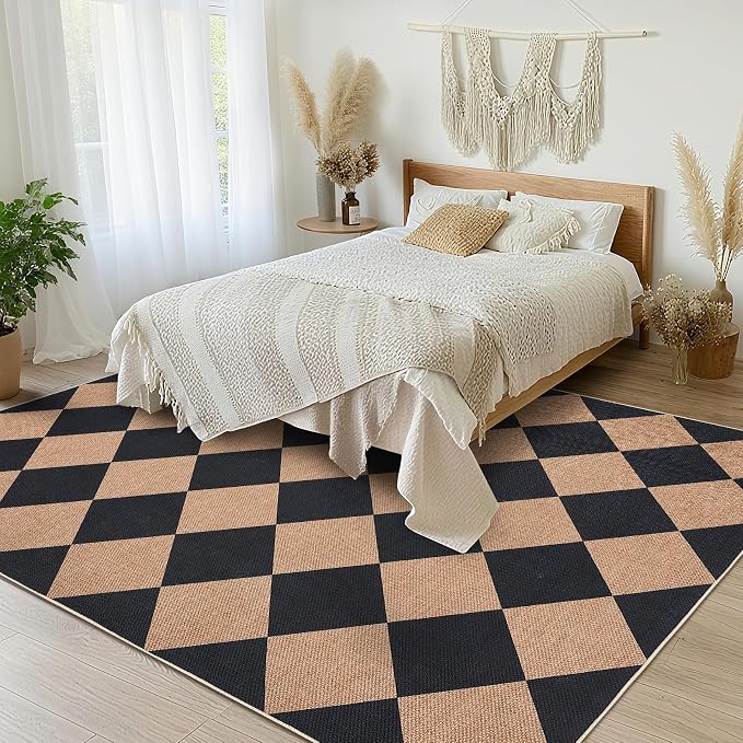 GarveeHome Easy Jute Area Rugs 6x9 for Living Room Non-Slip Backing Checkered Rugs Machine Washable Modern Indoor Outdoor Carpets for Dining Room Nursery Patio Bedroom Backyard Camping Black Tan