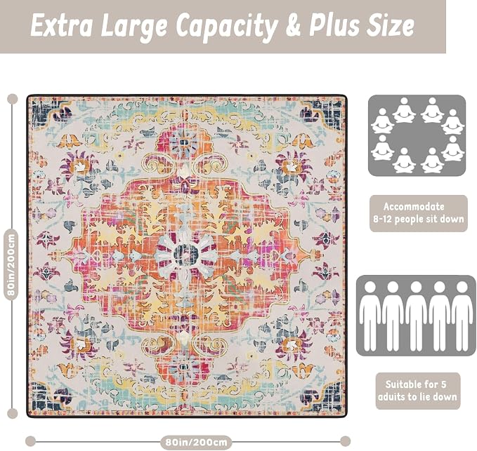 Picnic Blankets Extra Large Waterproof, 80"x 80"Vintage Boho Beach Mat with Corner Pockets Windproof Sandproof Foldable Portable 3-Layer Mat Darker for Wet Grass,Parks,Music Festival,Camping,Concerts