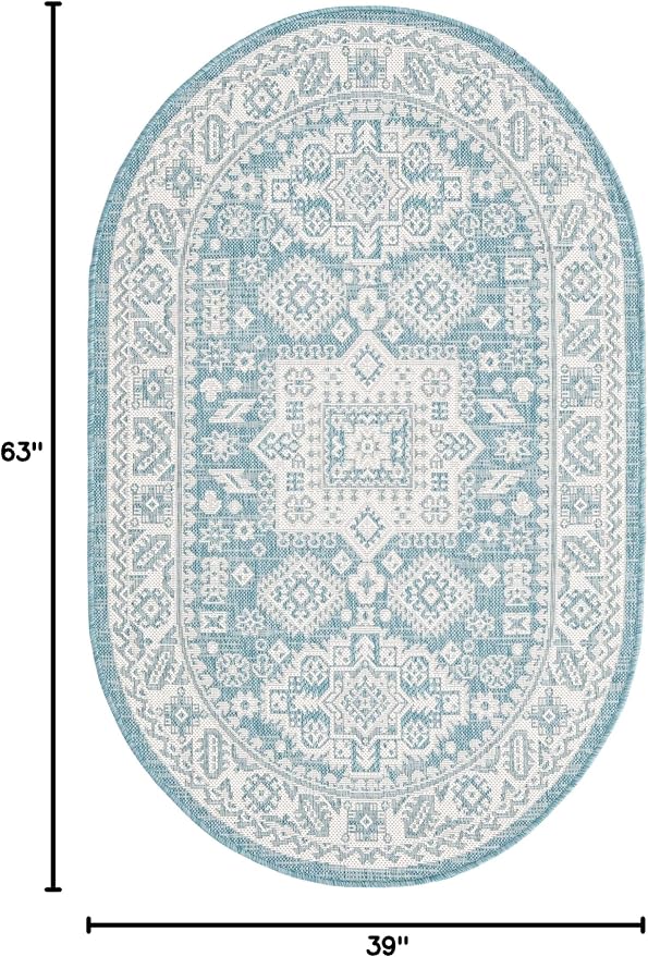 Unique Loom Outdoor Aztec Collection Area Rug - Chalca (3' 3" x 5' 3" Oval, Aqua/ Ivory)
