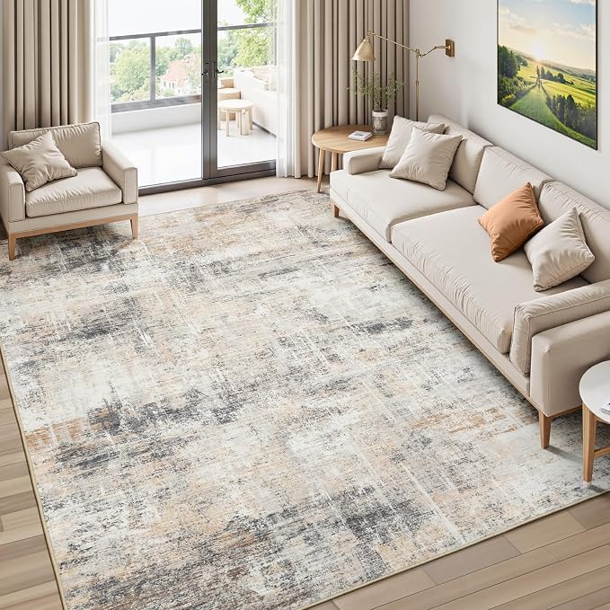 5x7 Area Rug for Living Room, Abstract Washable Non-Slip Carpet, Gold | Soft Neutral Rug for Bedroom, Dining Room, Home Office Nursery Indoor, Stain Resistant, Low Pile, Foldable Modern Rug