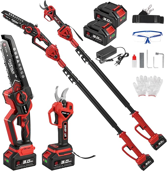 4-in-1 Cordless Pole Saw & Electric Pruning Shears, 8-Inch Pole Saws for Tree Trimming, Electric Pole Saw with 14.2FT Max Extension Pole, 2 * 3.0Ah Battery Powered Pole Saw Pole Branch Cutter Pruner