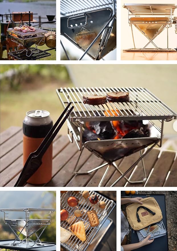 CAMPINGMOON Portable Charcoal Grill 9.65 Inch Stainless Steel Tabletop Grill Fire Pit 3 Level Adjustable Height Grill for Camping Outdoor Cooking Barbecue Carry Bag X-MINI-PRO
