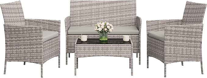4-Piece Outdoor Furniture Set, PE Rattan Wicker Chairs with Soft Cushions & Tempered Glass Coffee Table - All-Weather Patio Set for Garden, Backyard, Porch, Poolside (Gray/Light Gray)