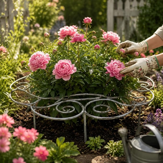 Scroll Metal Plant Support Rings – Heavy Duty Iron Garden Flower Stakes for Peony, Rose, Clematis & Vegetables, Decorative Spiral Plant Cage with Anti-Rust Coating (Medium)