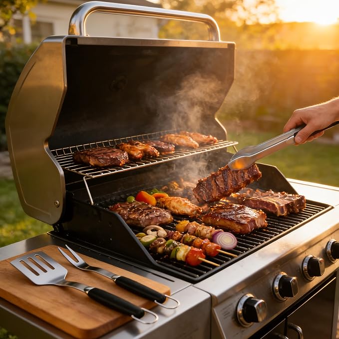 KEYO GRILL Heavy-Duty Stainless Steel Grilling Accessories, Professional Grill Utensils Set with Spatula, Fork & Tongs, Ideal BBQ Set Grilling Tools for Outdoor Grill, Gifts for Men Dad