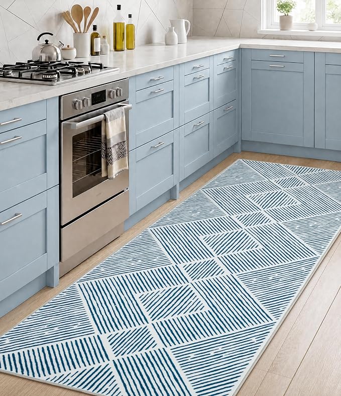 2‘x6' Washable Blue and White Geometric Runner Rug for Kitchen | Non-Slip, Low Pile, Stain Resistant, Modern Navy Blue Stripe Long Rug for Hallway Entryway Bedroom