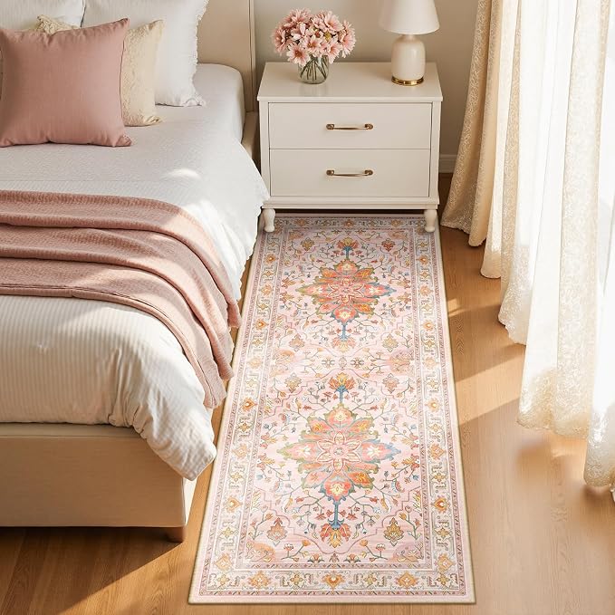 RELEANY Washable Area Rug, Runner 2'x5', Pink/Light Pink/Colorful | Non-Slip, Water Repellent, Pet Friendly, Easy to Clean, Vintage Floral Boho Decor for Kitchen Entry Bedroom Bedside Laundry