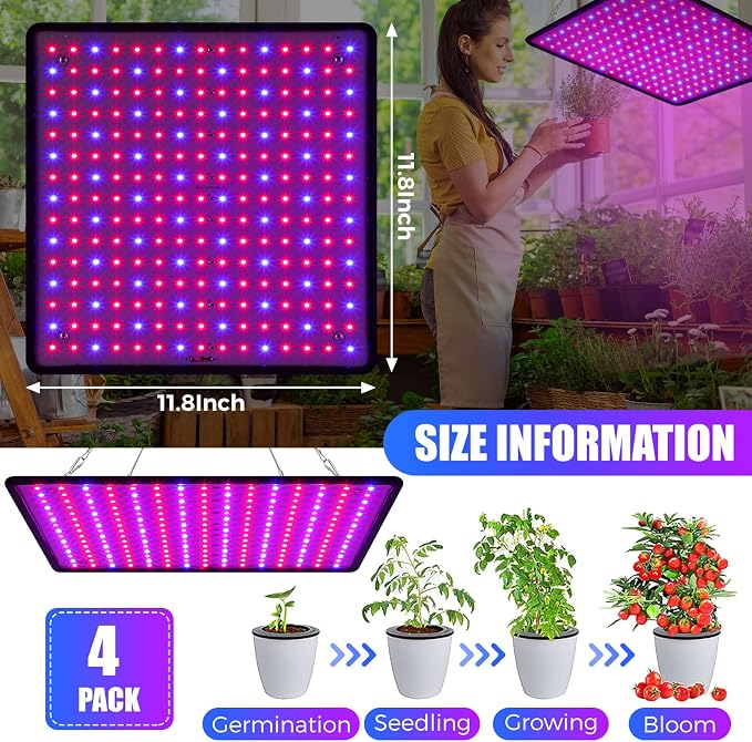 Liliful 4 Pcs Grow Lights Panel 200W Artificial Full Spectrum Grow Lamps with 225 LEDs for Indoor Outdoor Seedling Tent Flowe(Red, Blue)