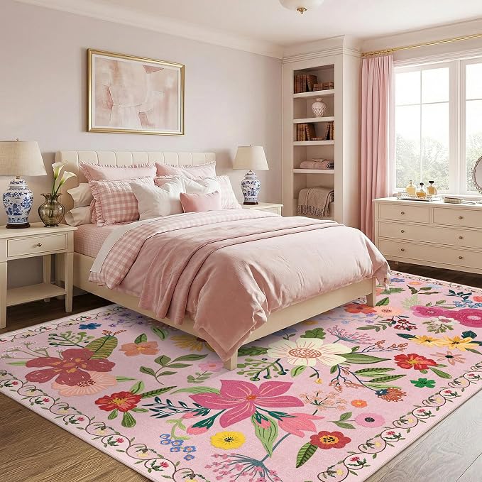 Latte&Fog 8x10 Area Rugs for Living Room Washable Large Floral Pink Rugs | Non Slip Low Pile Soft Cute Carpet for Girls Bedroom Dining Kitchen Kids Playroom Nursery Classroom Dorm Farmhouse Office
