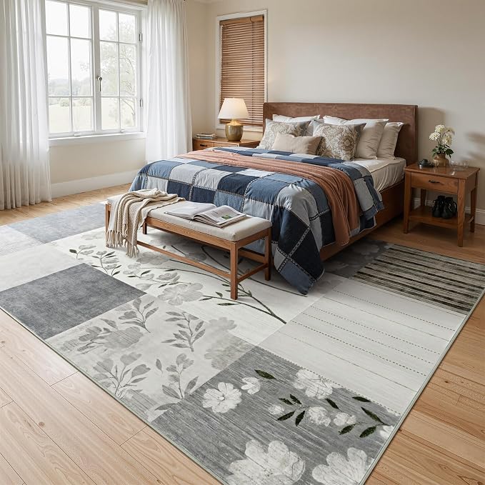 DweIke Floral Rugs for Living Room, 4x6 Washable Area Rug for Dining Room Farmhouse Office Bedroom Decor, Geometric Patchwork Stain Resistant Low Pile Indoor Floor Throw Rugs, Light Grey