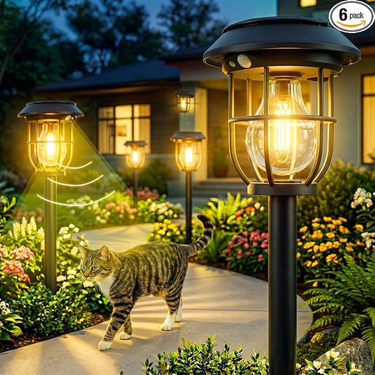 6 Pack Solar Pathway Lights with Motion Sensor, 300LM Waterproof Outdoor Solar Lights, 3 Modes Landscape Lighting for Garden Backyard Path Driveway, Wall Mount and Hanging (Warm)