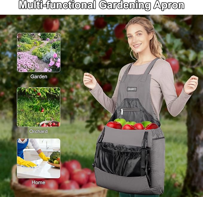 Garden Apron,Harvest Aprons with Drawstring Bag and Pockets for Women and Men,Canvas Fruit Picking Apron