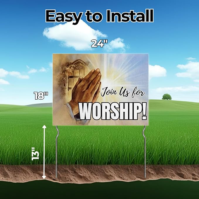 Join Us for Worship! Yard Sign by DC | 24"x18" Double Sided Church Garden Sign with 13” Metal Stakes | Outdoor Signs Waterproof for Lawn, Patio, Sidewalk & House | Set of 5 | Made in USA